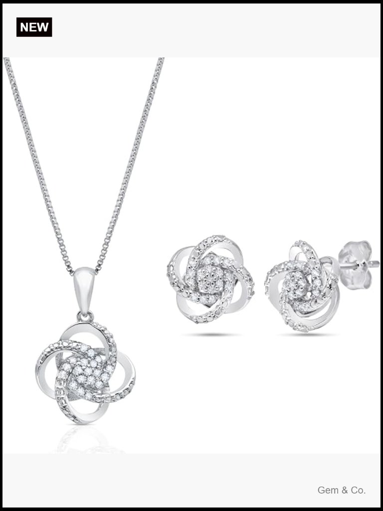 Diamond Love Knot Earring & Necklace Set 925 Silver